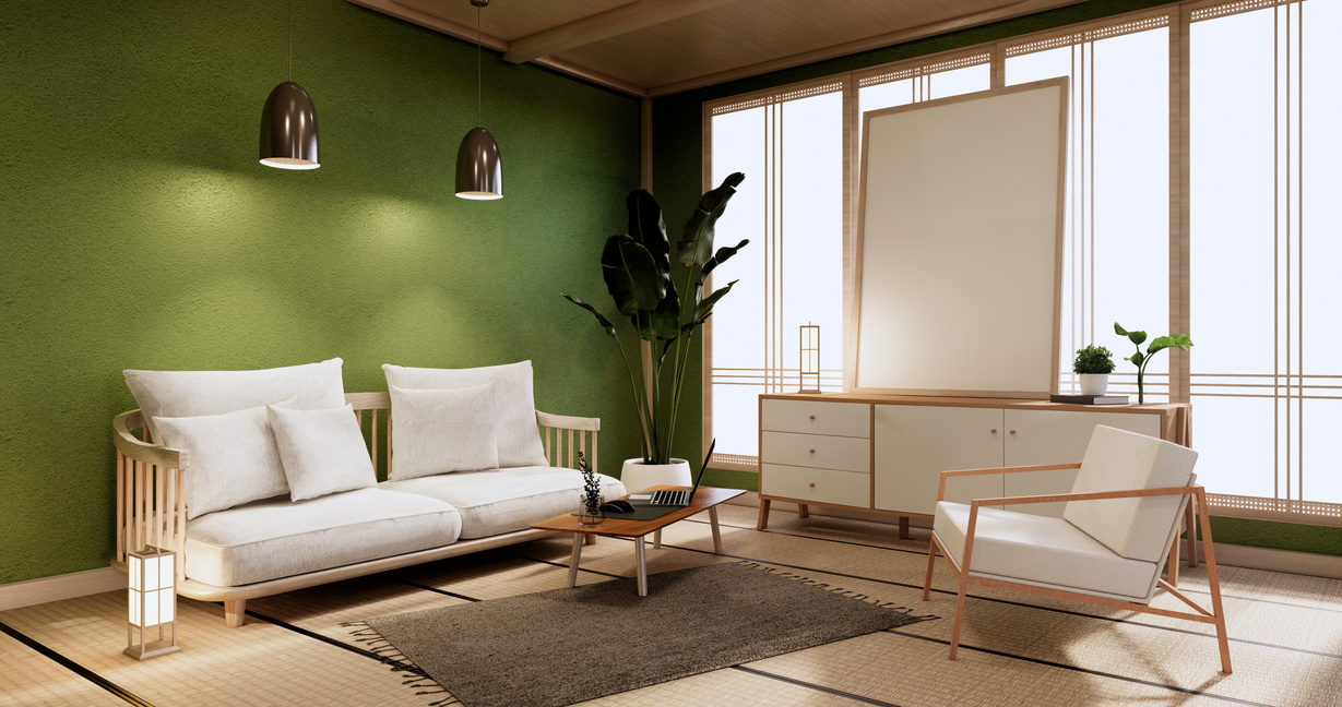 Minimal Green Living Room.3D Rendering